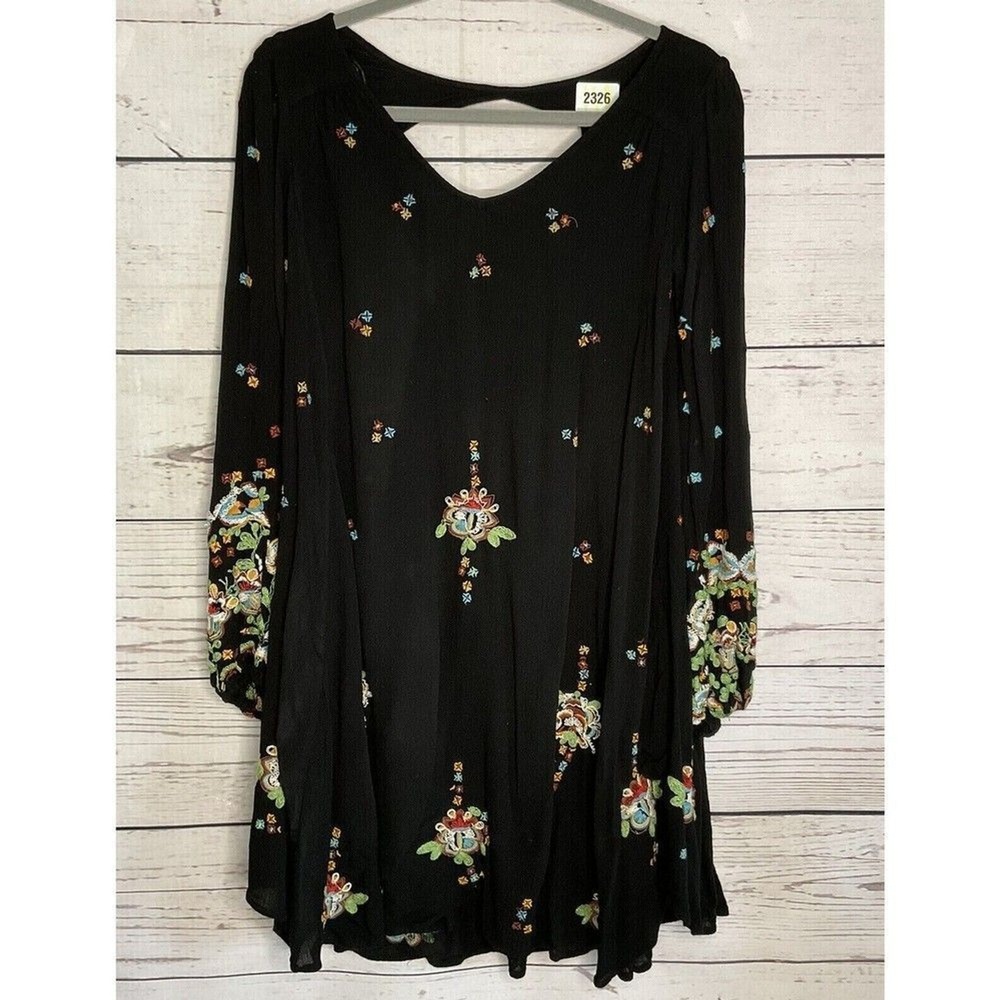 Free People Black Floral Abstract Embroidered Hippie Midi Dress Women SP India